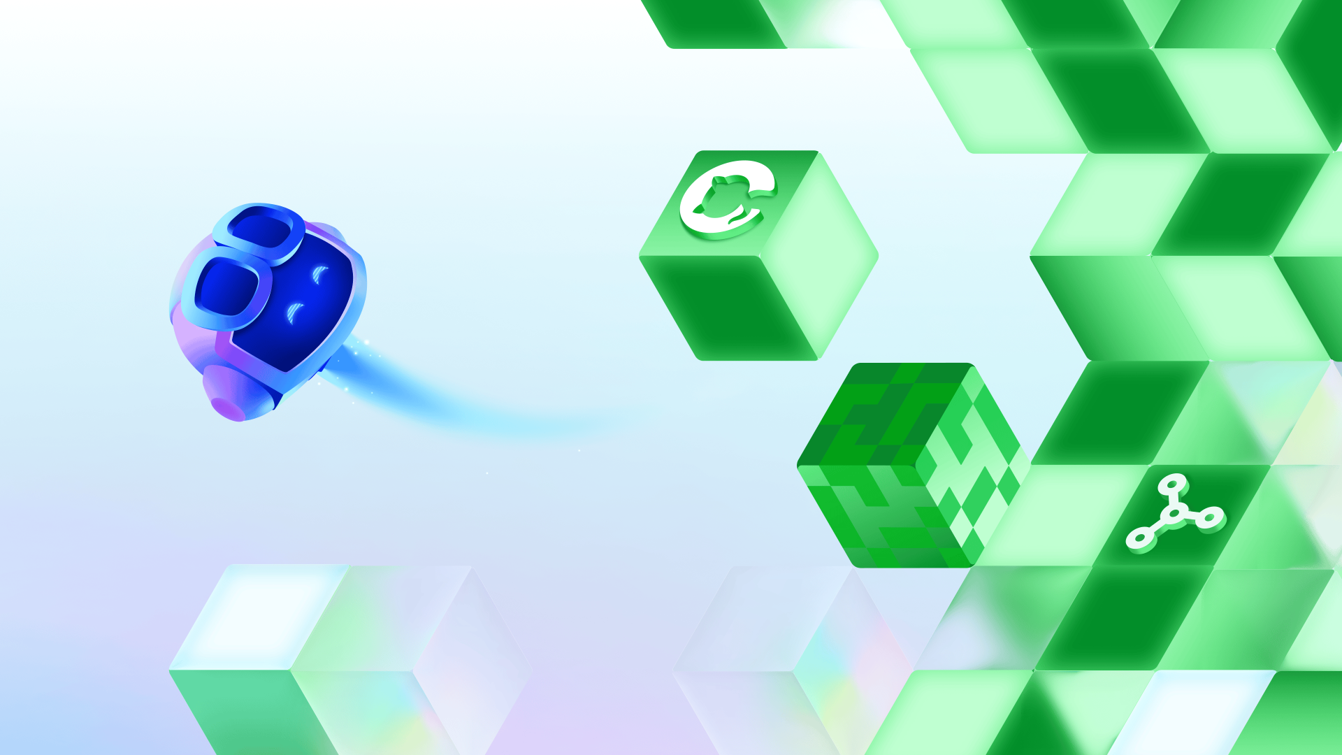 Abstract representation of AI agents interacting with code and user interfaces, with a layered security shield.