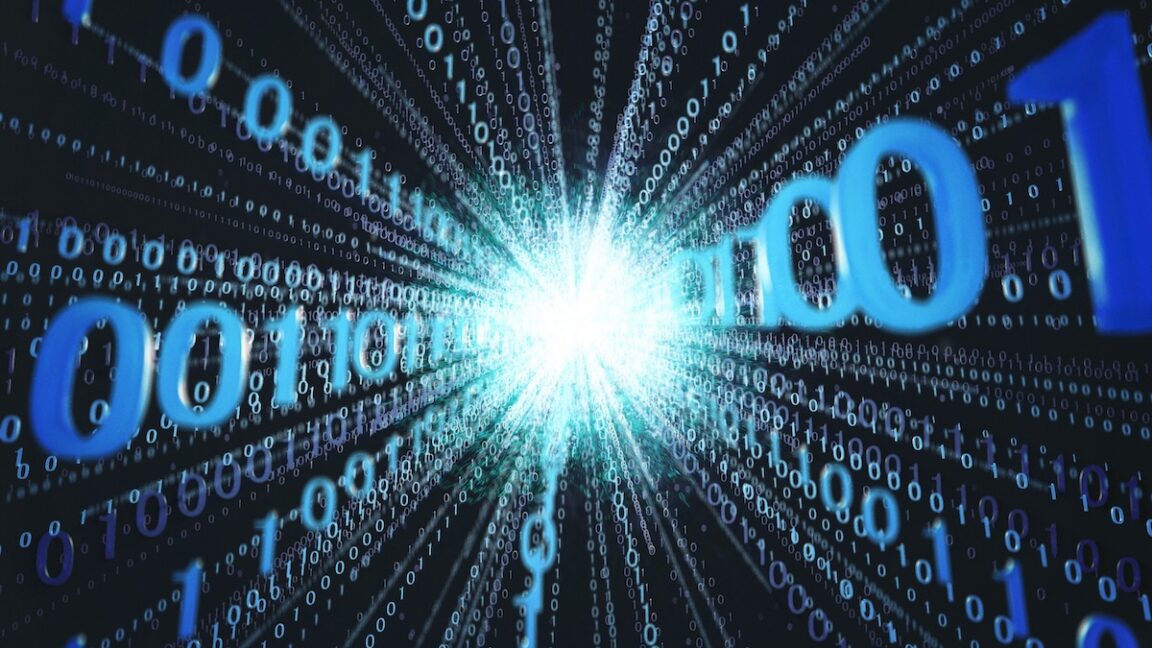 Quantum computer chip with AES encryption code overlay, symbolizing post-quantum security resilience