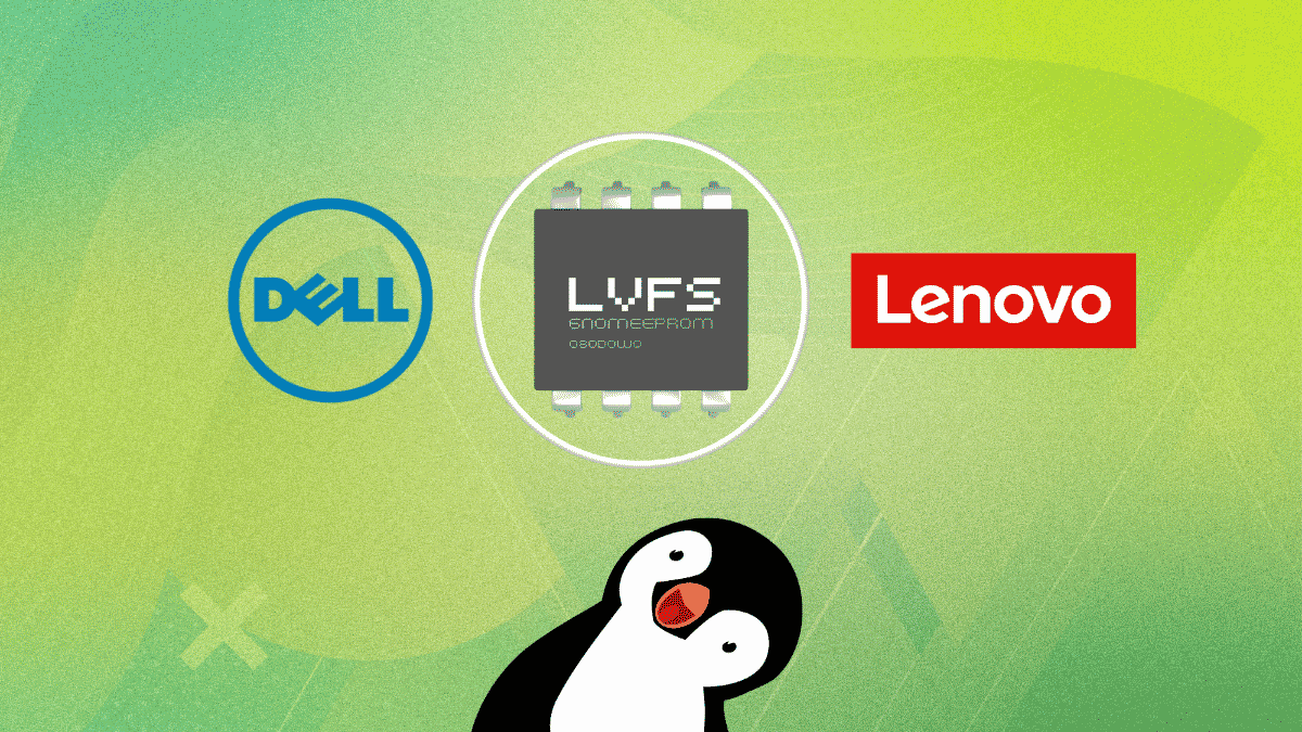 Logos of Dell and Lenovo with text overlay indicating significant sponsorship of the Linux Vendor Firmware Service (LVFS).
