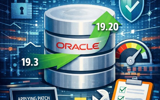 Command line terminal showing Oracle 19c RU patching steps from 19.3 to 19.20