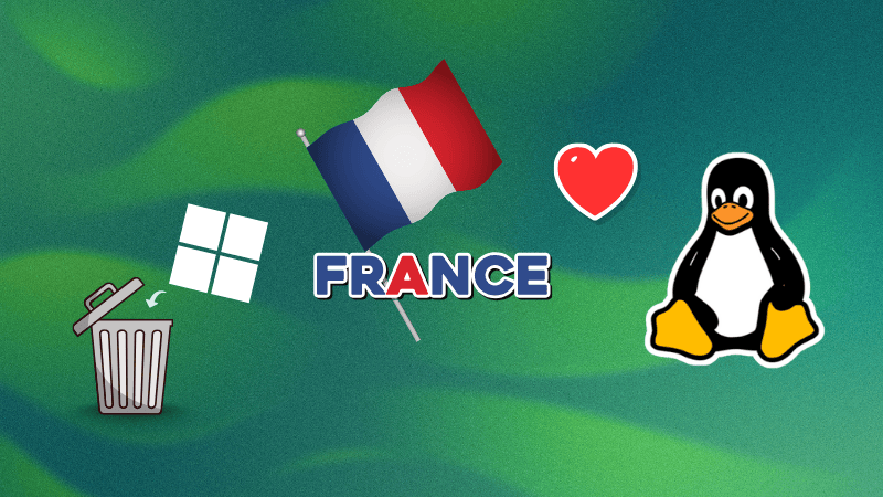 French flag overlay on Linux penguin with government desktop icons