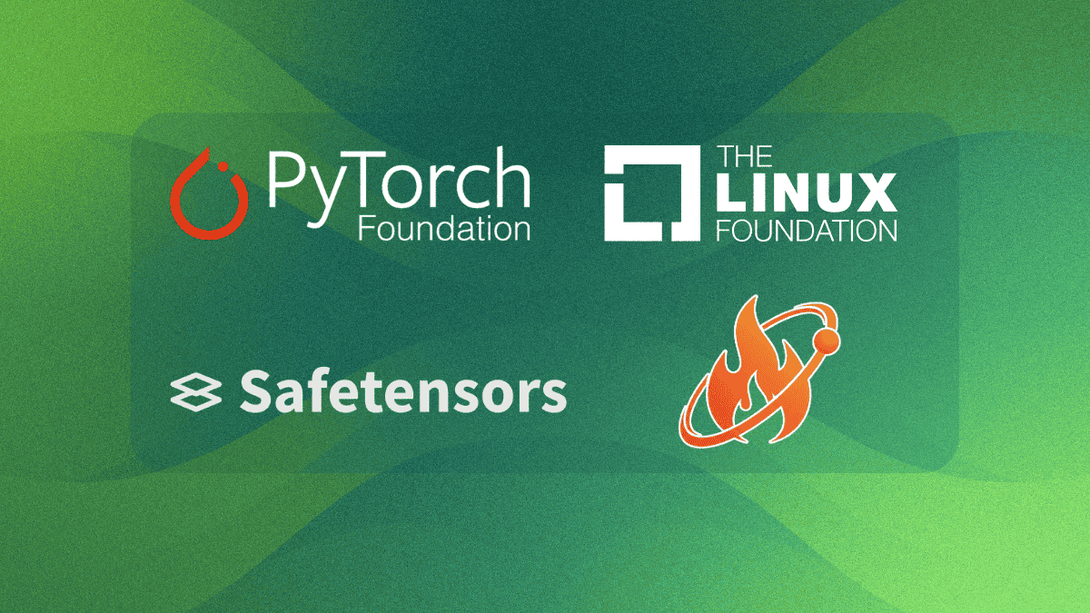 PyTorch Foundation logo alongside Helion kernel tool and Safetensors secure format icons on a Paris conference stage
