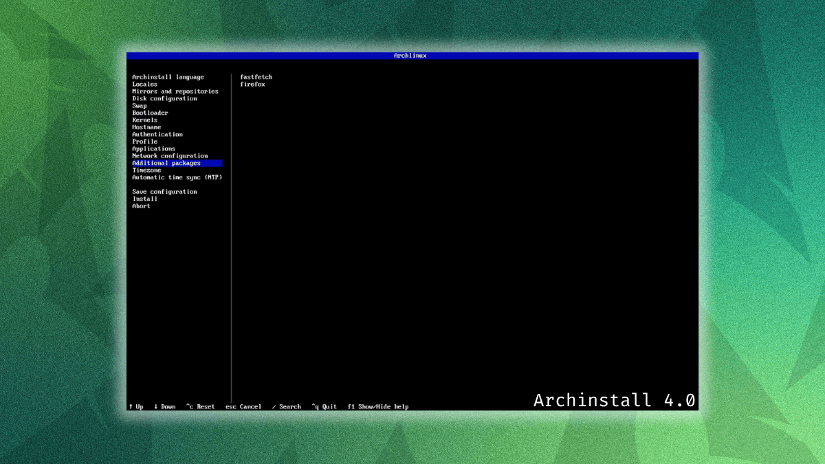 Sleek Arch Installer 4.0 interface with Textual menus, firewall options, and async navigation