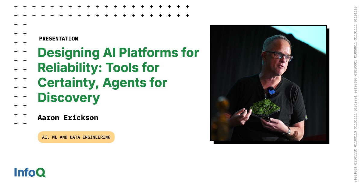 Aaron Erickson presenting on stage about AI platform design.