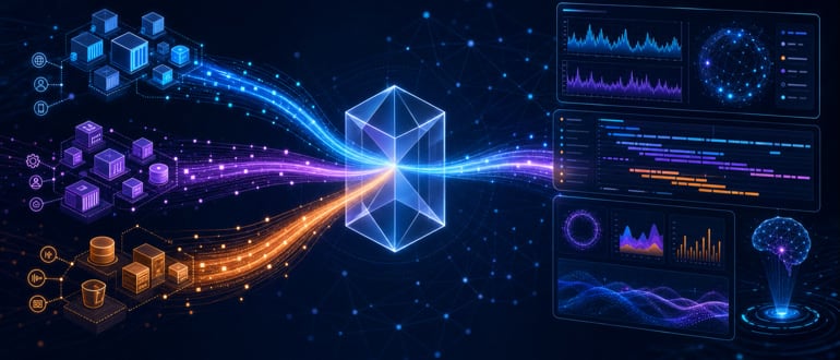 Abstract network diagram with glowing nodes representing data flow, symbolizing OpenTelemetry's role in connecting systems.
