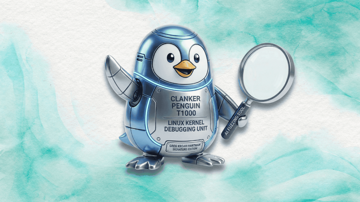 Linux kernel code with AI fuzzing visualization and Greg Kroah-Hartman silhouette