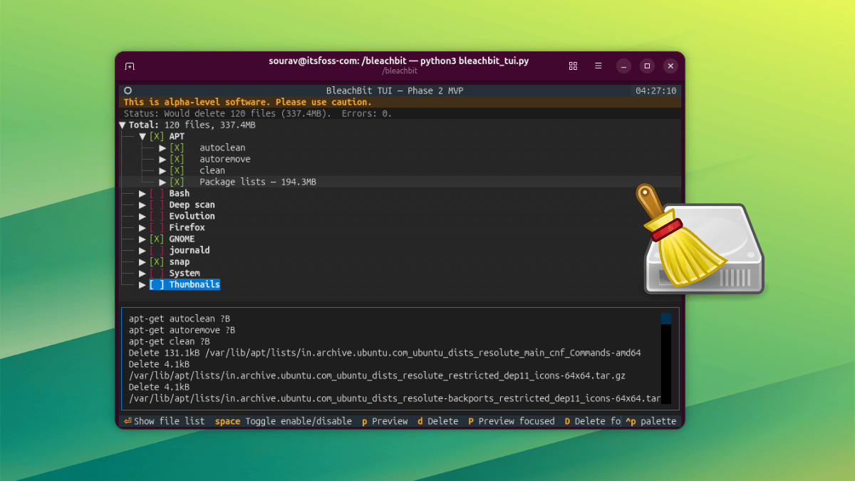 Screenshot of the BleachBit TUI interface showing cleaning options
